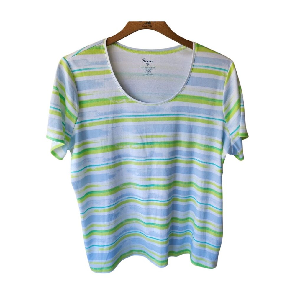 Penmans Plus-Size Green, Gray, White Striped Short Sleeve T-shirt. Size 3X